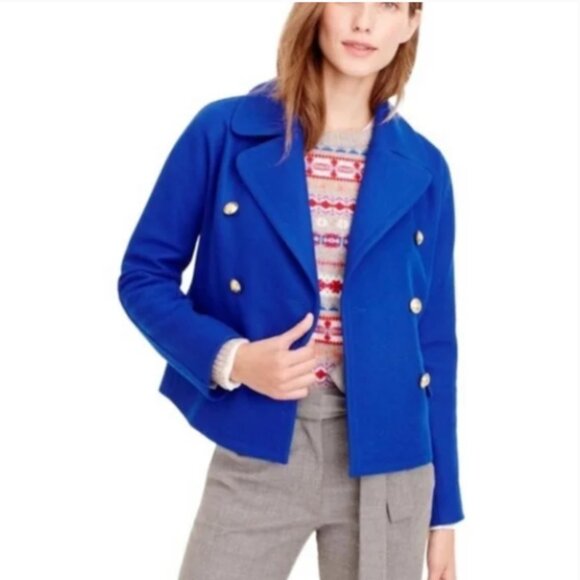 J. Crew Melton Wool Double Breasted Cropped Pea Coat Royal Blue Size 8 NWT - Picture 1 of 8